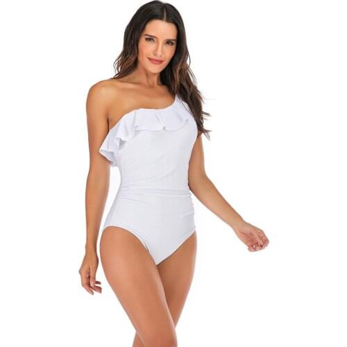 High End One Piece Single Shoulder Ruffled Swimsuit Bathing Suit Retro Solid Flounce Color Swimwear Bandage Push Up Beachwear