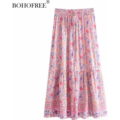 Boho Chic Rayon Pink Floral Fadal Casual Beachwear Elastic Waist Summer Skirts Bohemian Femme Female Hippie Maxi Skirt