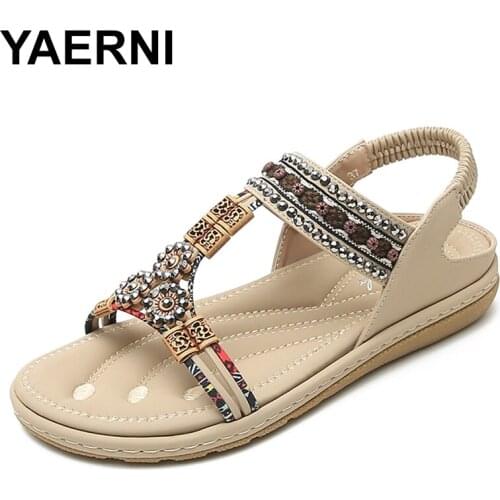 YAERNI Womens Sandals Fashion Rhinestone Design Sandals Sewing Soft Comfortable Paltform Shoes Elastic Band Sandals Summer
