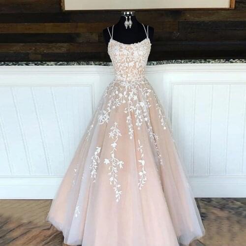 Spaghetti Strapless Champagne Applique Lace Tulle Long Princess Wedding Dress Dresses Elegant Backless Bridal Gowns