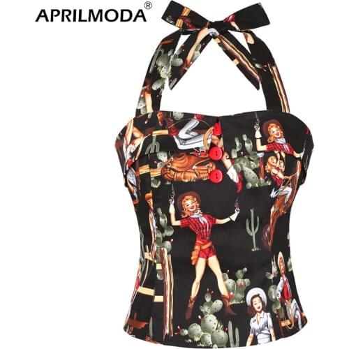 2020 Western Girl Print Vintage 40s 50s 60s Blouse Button Halter Hollow Pin Up Retro Shirts Cropped Top Black Rock Clothing