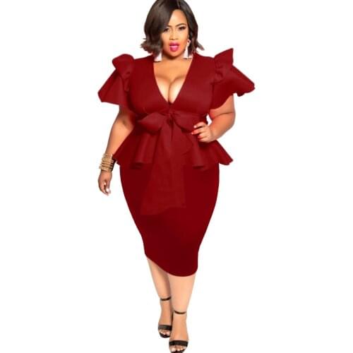 3XL 4XL 5XL Womens Plus Size Dress Bow V-neck Short-sleeved Ruffle Dress Elegant Office Lady Midi Casual Work Bodycon Dress