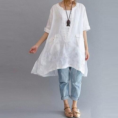 Plus Size Womens Linen Blouse 2021 Vintage Irregular Shirts Chemise Female Button Tunic Loose Tops Femme Casual Work Blusas A20