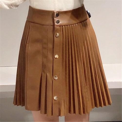 Elegant women Faux Leather Skirts 2021 Fashion lady Pleated Patchwork Skirt Sweet Female Streetwear Button High Waist Mini Skirt