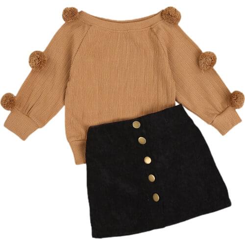 2Pcs Toddler Kids Solid Color Outfits, Baby Girls Long Sleeve Round Neck Pompom Knitwear + Decorative Button Skirt Suit Clothes
