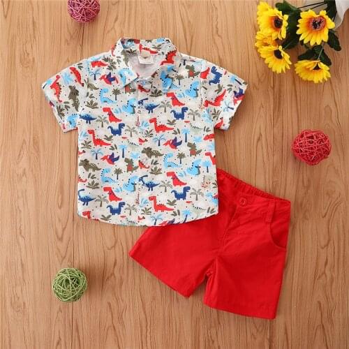 2021 Baby Boys Clothes Set, Dinosaur Print Short Sleeve Lapel Neck Button-up Shirt + Solid Color Short Pants