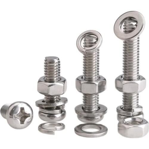 M2M2.5M3M4 Stainless Steel 304 Round Head Cross Screw Nut Gasket Set Complete Spring Pad Combination 25PCS