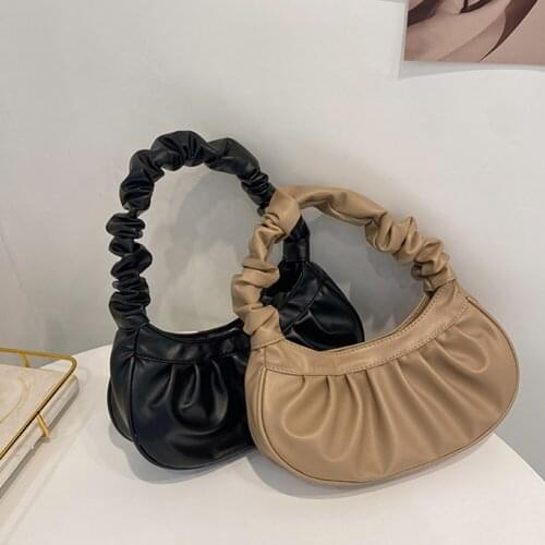 Fashion Women PU Leather Pleated Shoulder Underarm Bag Casual Ladies Candy Color Handbags Vintage Design Women Baguette Bags