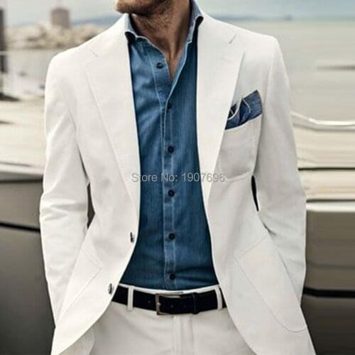 2 piece Linen Summer Suits for Men Notched Lapel Casual Wedding Groom Tuxedos 2021Man Fashion Clothes Jacket with Pants 2 piec