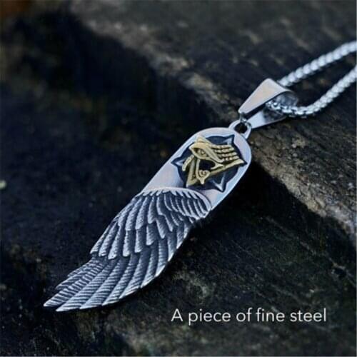 Mens Egyptian Eye of Horus Angel Wing Pendant Necklace Stainless Steel