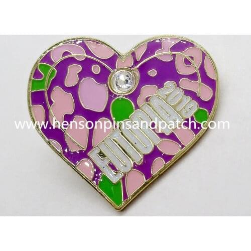 Custom gold metal soft enamel rhinestone Eutopia pin badge