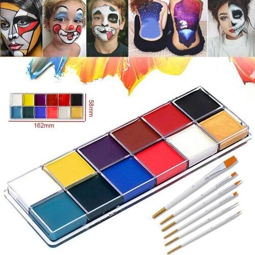 12 Colors Face Body Paint Oil Art Make Up with 6pcs Pen Halloween Party Kit Clown Face Body Oil Palette With Paintbrush
