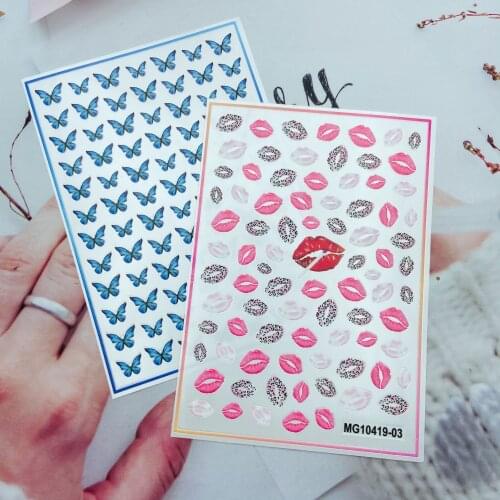 Blue Butterfly and Red Lips Nail Art Sticker Self Adhesive Transfer Decal 3D Slider DIY Tips Nail Decoration Manicure Package