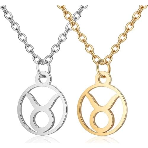 2pcs Taurus Stainless Steel Constellation Pendant Necklace Round Coin Zodiac Sign Statement Silver Gold Necklace For Women