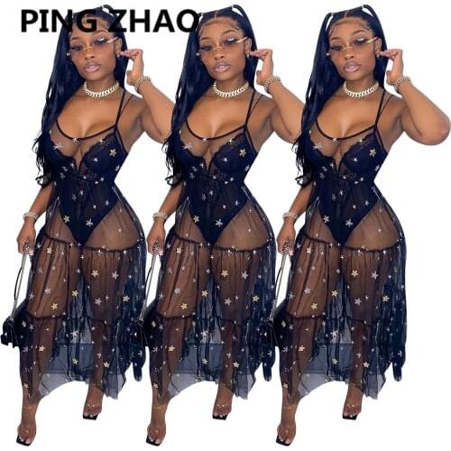 PING ZHAO Summer Dress Women Mesh Sequins Dress Sexy Spaghetti Strap Dresses Ladies Maxi Gauze Dress Sundress Vestidos