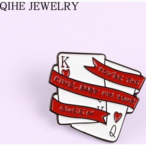 Poker King Queen Couple Enamel Pin I'm yours Meme Lovers Brooch Bag Clothes Lapel Pin Sweet Badge Jewelry Valentines Day Gift