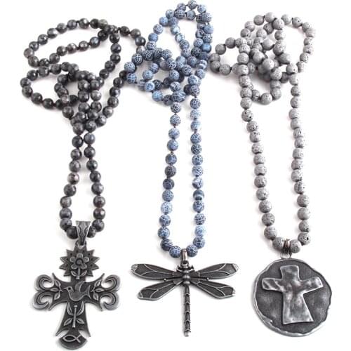 RH Fashion Boho Jewelry Natural Stones Long Knotted Black Metal Corss Necklaces Dropship