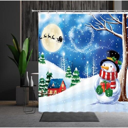 Christmas Bathroom Shower Curtain Cartoon Snowman Snow Scene Landscape Xmas Fir Tree Polyester Home Decor Bath Cloth Curtains