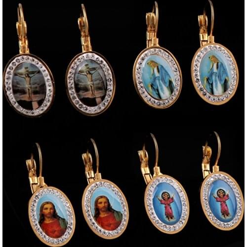 1Pair 7Style Stainless Steel Virgin Mary Earrings Gold Color with Rhinestone Trendy Religious Jewelry Gifts Earrings For Women
