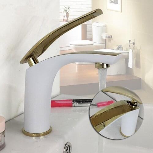 Bathroom Basin Faucets Brass White Gold Sink Mixer Tap Bathroom Wash Basin Deck Mounted Single Handle Hot Cold Faucet Torneira
