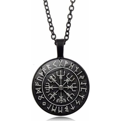 Vintage Viking Compass Pendant Necklace Nordic Viking Odin Amulet Round Glass Necklace Men Retro Punk Neck Chain Collar Necklace