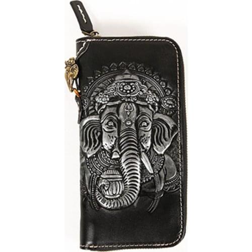 Vintage Women Genuine Leather Card Holder Black Wallets Elephant God Bag Purses Men Clutch Vegetable Tanned Leather Long Wallet