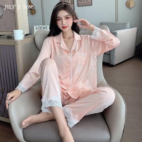 JULYS SONG 2 Piece Autumn Winter Womens Pajamas Set Ice Silk Sleepwear Soild Color Satin Nightgown Colorful Long Sleeve Wear
