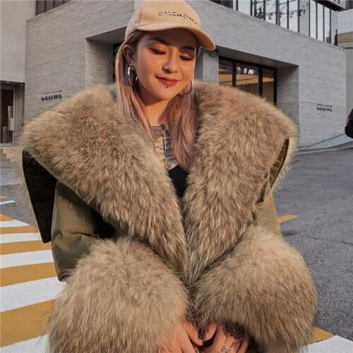 Women Real Fur Parka Coat Winter New Genuine Raccoon Fox Fur Collar Jacket Overcoats CT950