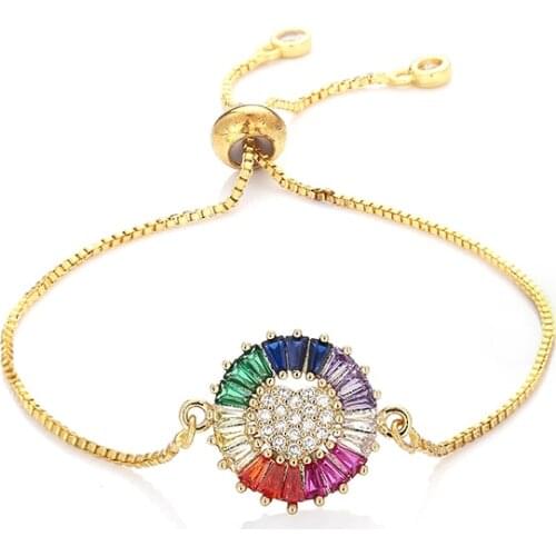 Womens rainbow round heart bracelets jewelry gold cz colorful zircon bracelet bangle adjustable chain bracelet for women