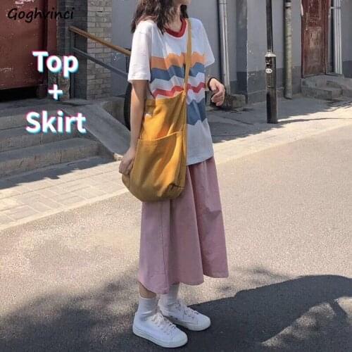Women Dress Sets Rainbow Striped Short Sleeve Tees Pink Solid Loose A-line Sweet Skirt Preppy Style Students Summer Clothes Ins