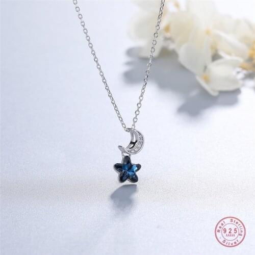 925 Sterling Silver Simple Blue Star Crystal Moon Pendant Clavicle Chain Necklace Women Fashion Temperament Birthday Jewelry