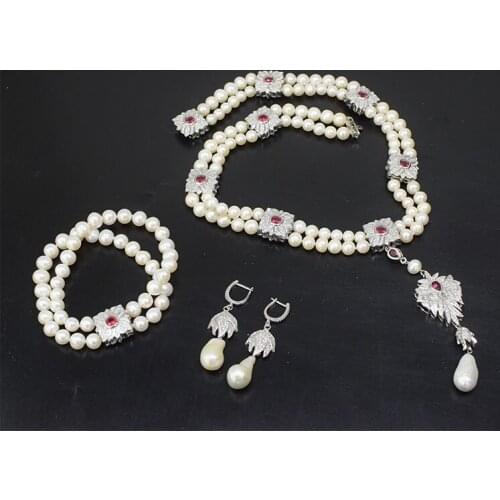 2rows white freshwater pearl round 6-7mm 8-9mm necklace bracelet earrings +red zircon flower pendant necklace