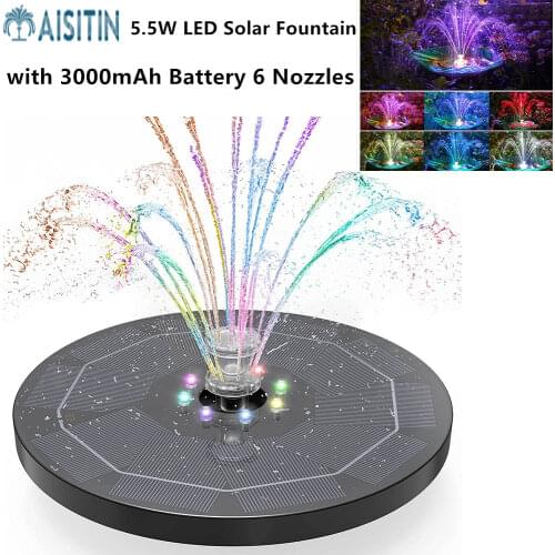 AISITIN 5.5W LED Solar Fountain, Solar Water Fountains with 3000mAh Battery 6 Nozzles, for Bird Bath, Garden and Outdoor,etc
