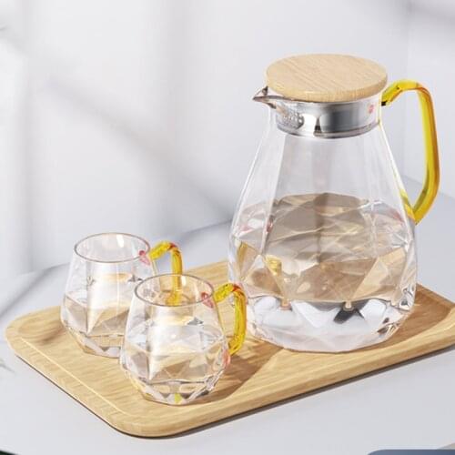 Diamond Texture Glass Kettle Set Glass Cup Hot Cold Water Jug Bamboo Lid Heat-Resistant Can Be Heated Water Jug Mug Home Office