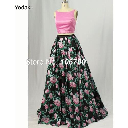 Lovely Two Piece Printed Ballgown Evening Dresses Boat Neck Backless Yellow Pink Black Long Prom Gowns JB901A