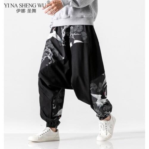 Harajuku Japanese Style Loose Fashion Harem Men Pants Crane Men Samurai Costume Hip Hop Vintage Haori Wide Leg Trousers For Man