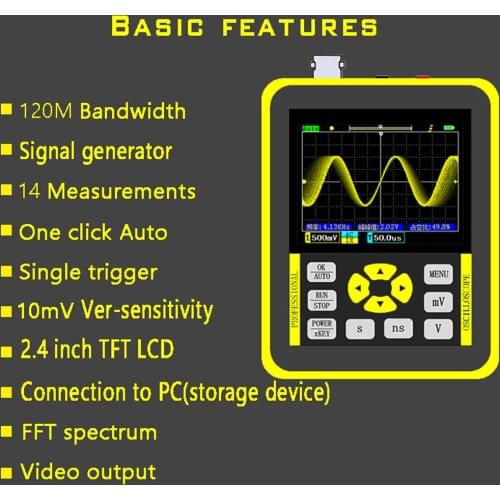 DSO1511G Digital Oscilloscope 2.4 Inches Color Screen 120M Bandwidth 500M Sampling Rate for Maintenance and DIY Electronic Test