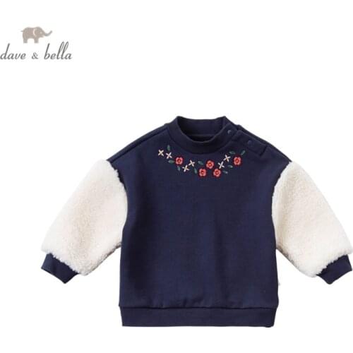 DBJ14954 dave bella winter baby girls cute floral embroidery patchwork T-shirt children tops girl kids fashion tees