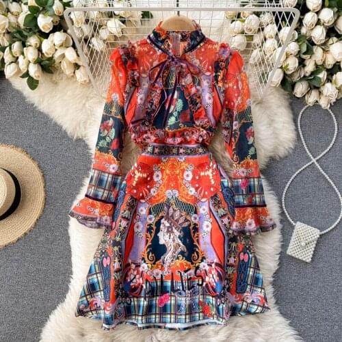 Foamlina Women Spring Autumn Long Sleeve Designer Party Dress Elegant Ladies Vintage Floral Print Slim A-line Short Dress 2021