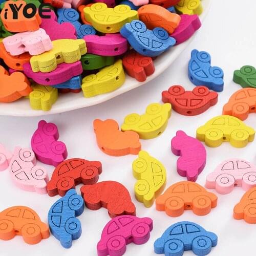 IYOE 30pcs/Lot 12x23mm Car Shape Wood Beads Mix Color Cartoon Wooden Beads For Handmade Making Jewelry Home Decor Supplies