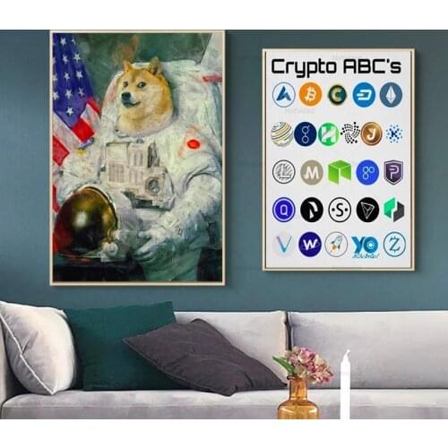 Canvas Painting US Astronaut Dogecoin Cryptocurrency Bitcoin Vintage Decorative Kraft Wall Art Posters Living Room Decoration