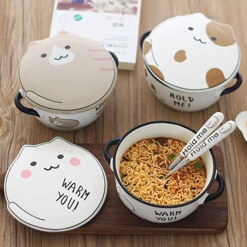Ceramic instant noodle bowl Cute cat pattern fruit salad bowl with lid soup bowl anti-scalding ramen bowl kitchen tableware