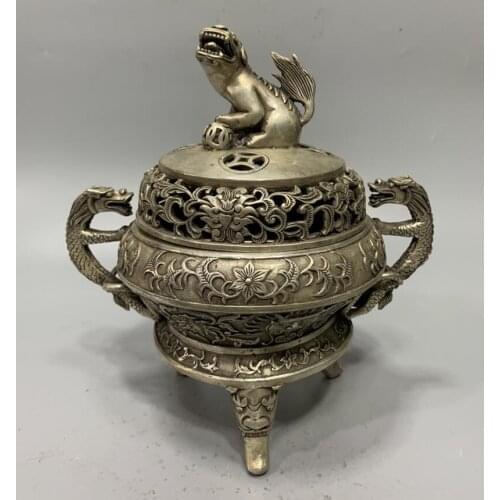 China White copper double dragon Incense burner crafts statue