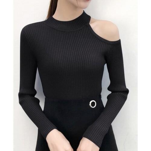 Korean Autumn Off Shoulder Sexy Pullovers Knitted Sweater Women Winter Half Turtleneck Sweaters Female Jumper Black White Tops