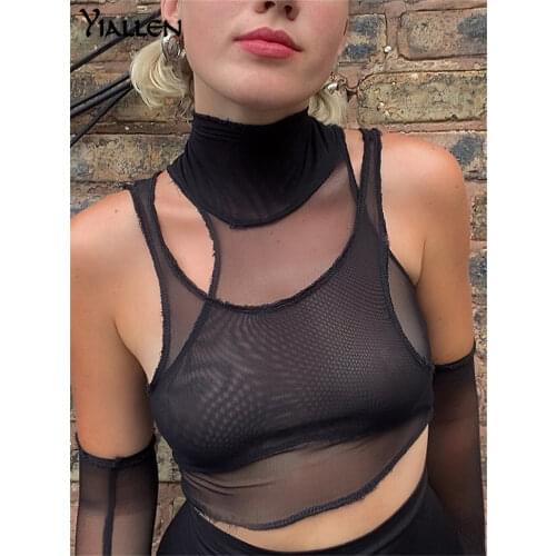 Yiallen Sexy Mesh Top See Through Knitted Straped Women Tank Tops 2 Pieces Streetwear With Gloves Turtleneck Clubwear Punk 2021