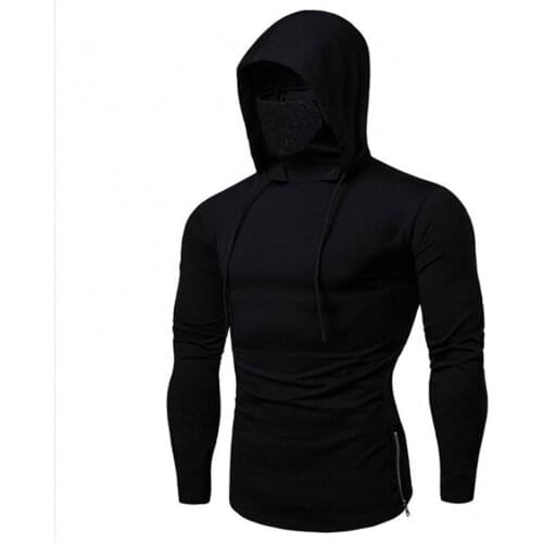 Men Autumn Casual Gym Thin Long Sleeve Hoodie Face Cover Solid Color Sweatshirt