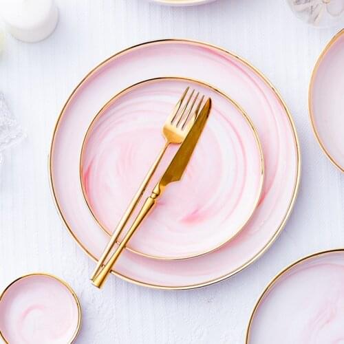 Golden rims tableware ceramic bowl and plate set marble texture tableware set household rice bowl shallow plate pink round