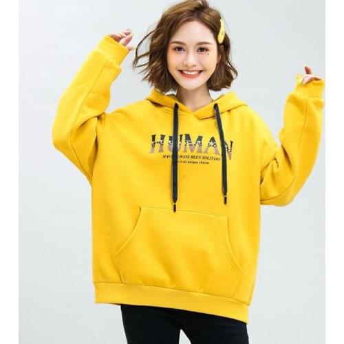Obrix Solid Pattern Female Loose Casual Style Hoodie Full Sleeve Letters Print Sashes Hooded Sweatshirt For Women