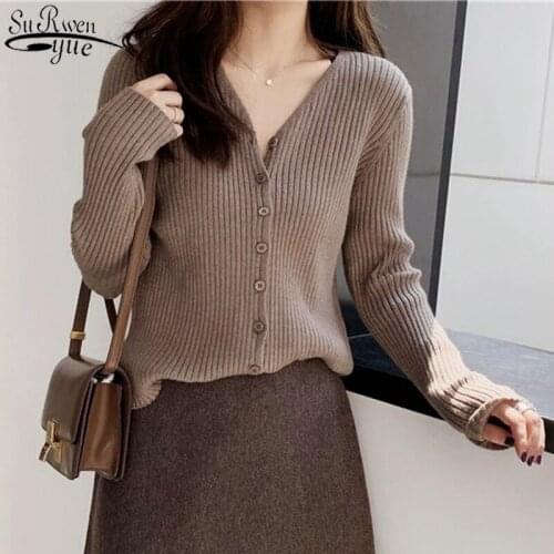 Autumn Thin Long Sleeve Knitted Sweater V-neck Single-Breasted Women Sweater 2021 New Solid Casual Winter Clothes femme 11651