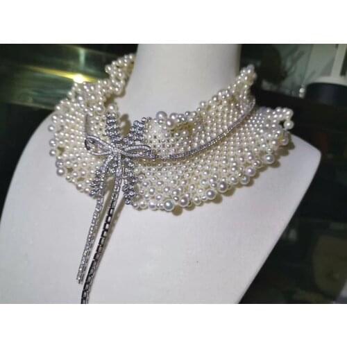 100% real fresh water pearl necklace lace 925 sterling silver bowknot choker necklace for wedding party fine women jewelry